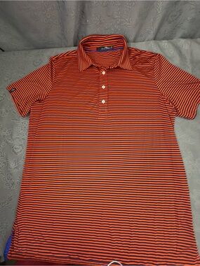 Ralph Lauren RLX Orange Dark Blue Stripe Stretch Four Button Polo - L  47” Chest